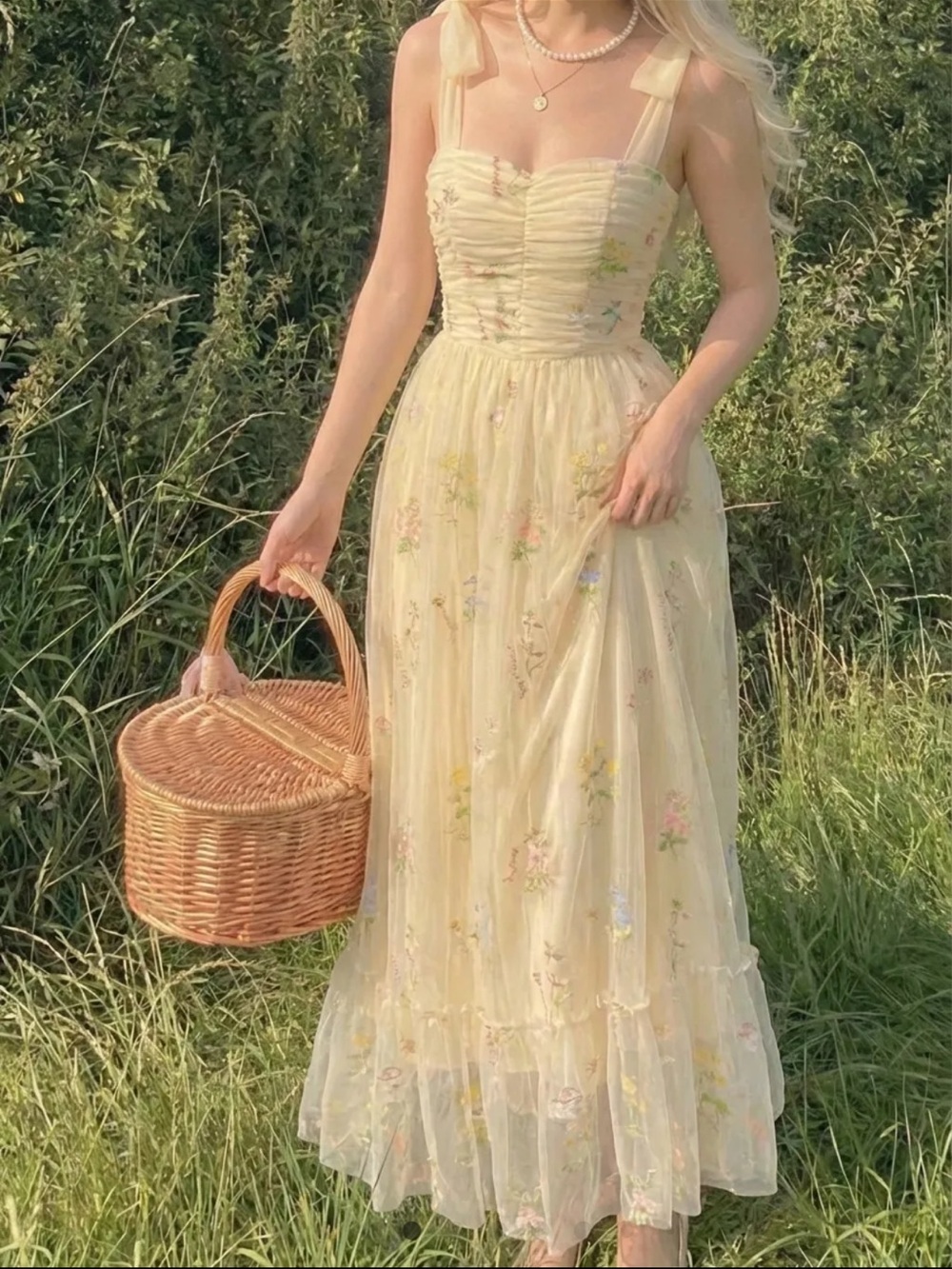 Romantic Butter Yellow Floral Maxi Dress with Ruching